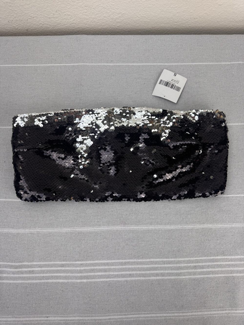NWT Forever 21 Sequin Cropped Tube Top Bandeau Strapless Black Silver Small